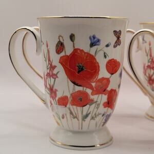 Grace Teaware Butterfly Floral Gold Trim Fine Porcelain Coffee Tea Mug Set of 4